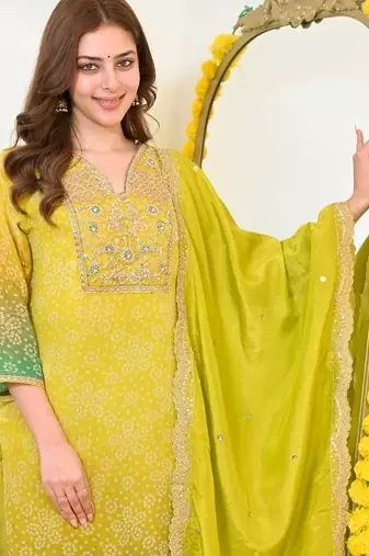chinon yellow and green bandhani print suit