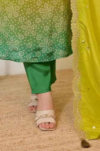 chinon yellow and green bandhani print suit