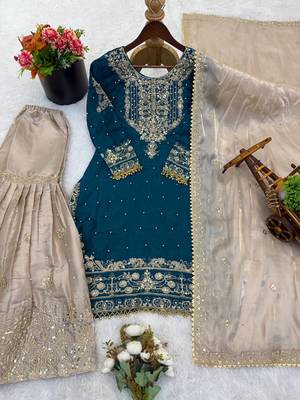 teal and beige silk blend embroidered sharara suit 1