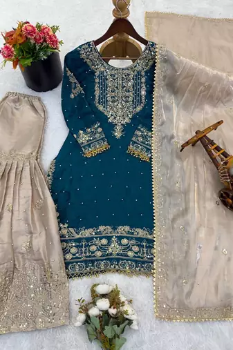 teal and beige silk blend embroidered sharara suit