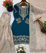 teal and beige silk blend embroidered sharara suit