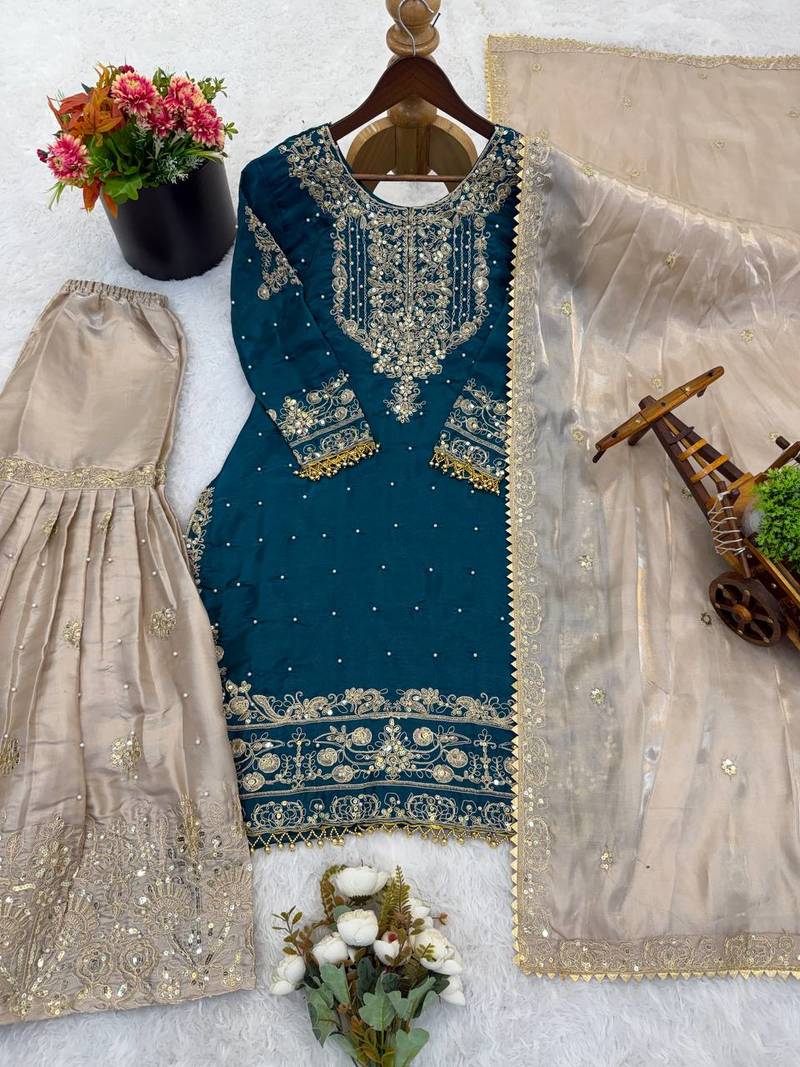 teal and beige silk blend embroidered sharara suit