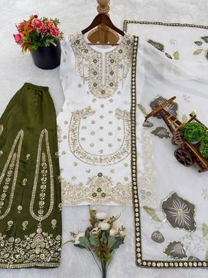 white and olive green silk blend palazzo set 2