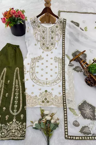 white and olive green silk blend palazzo set