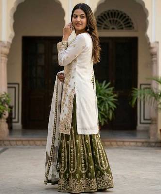white and olive green silk blend palazzo set 3