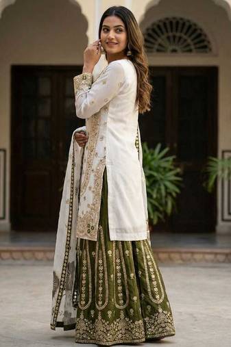white and olive green silk blend palazzo set