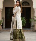 white and olive green silk blend palazzo set