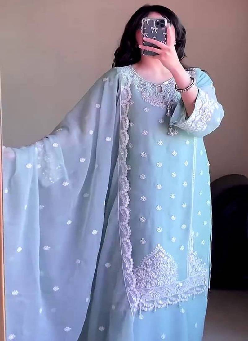Georgette blue embroidered style suit