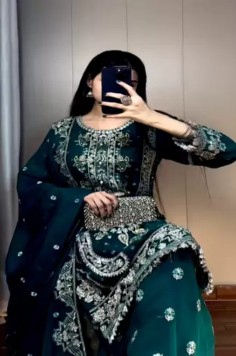 Georgette dark teal embroidered velvet suit