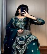 Georgette dark teal embroidered velvet suit