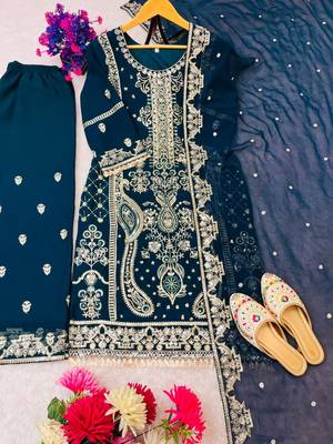 Georgette dark teal embroidered velvet suit 1