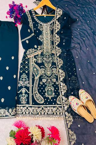Georgette dark teal embroidered velvet suit