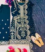 Georgette dark teal embroidered velvet suit