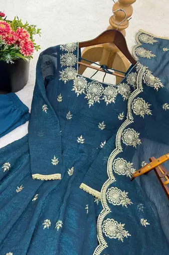 teal blue organza blend embroidered anarkali set