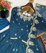 Crunchy silk teal blue embroidered anarkali