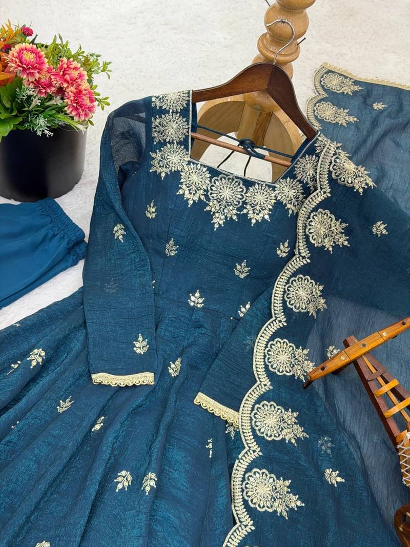 Crunchy silk teal blue embroidered anarkali