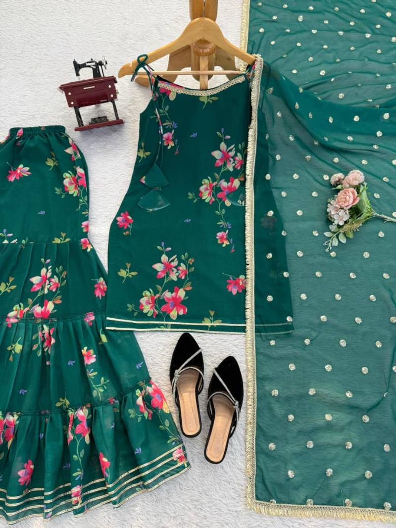 Georgette emerald green floral sharara set