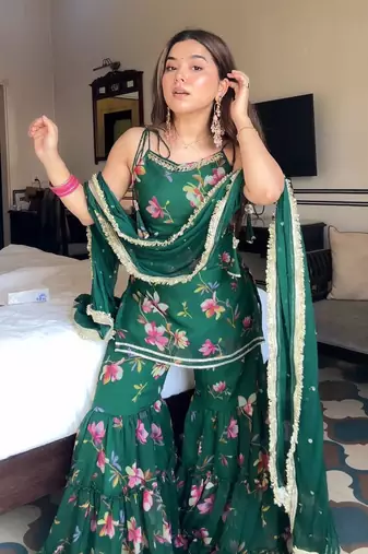 Georgette emerald green floral sharara set