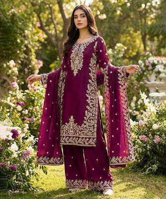 Magenta silk blend embroidered salwar suit 1