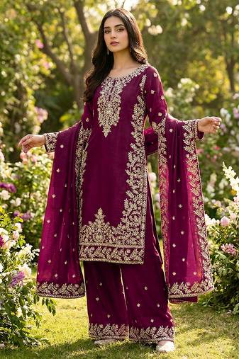 Magenta silk blend embroidered salwar suit