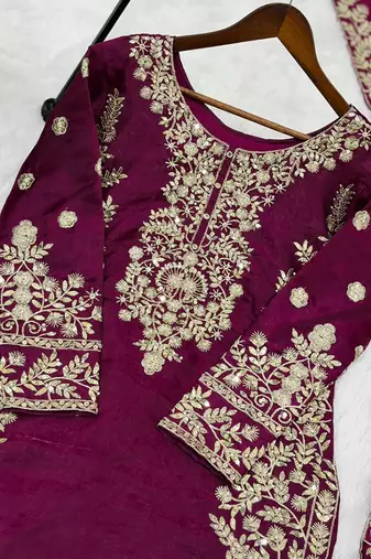 Magenta silk blend embroidered salwar suit