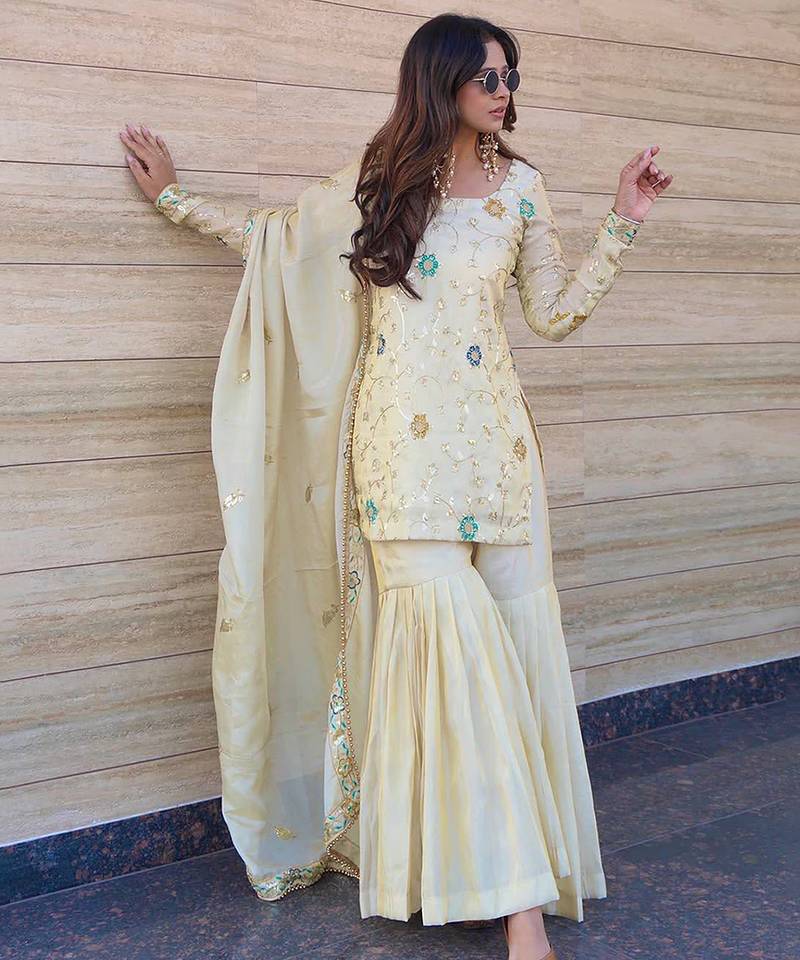 Chinon silk cream floral sharara set