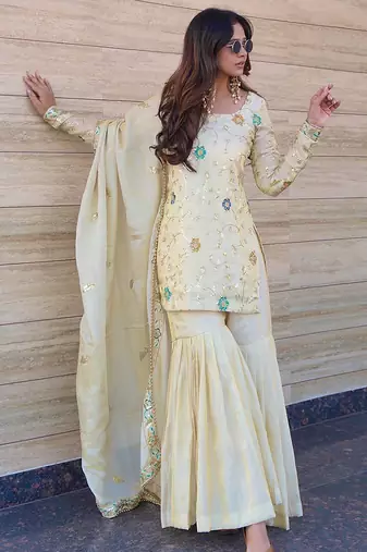 Chinon silk cream floral sharara set
