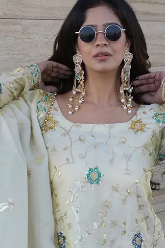 Chinon silk cream floral sharara set