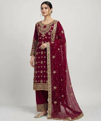 Deep maroon sequins work suit 1