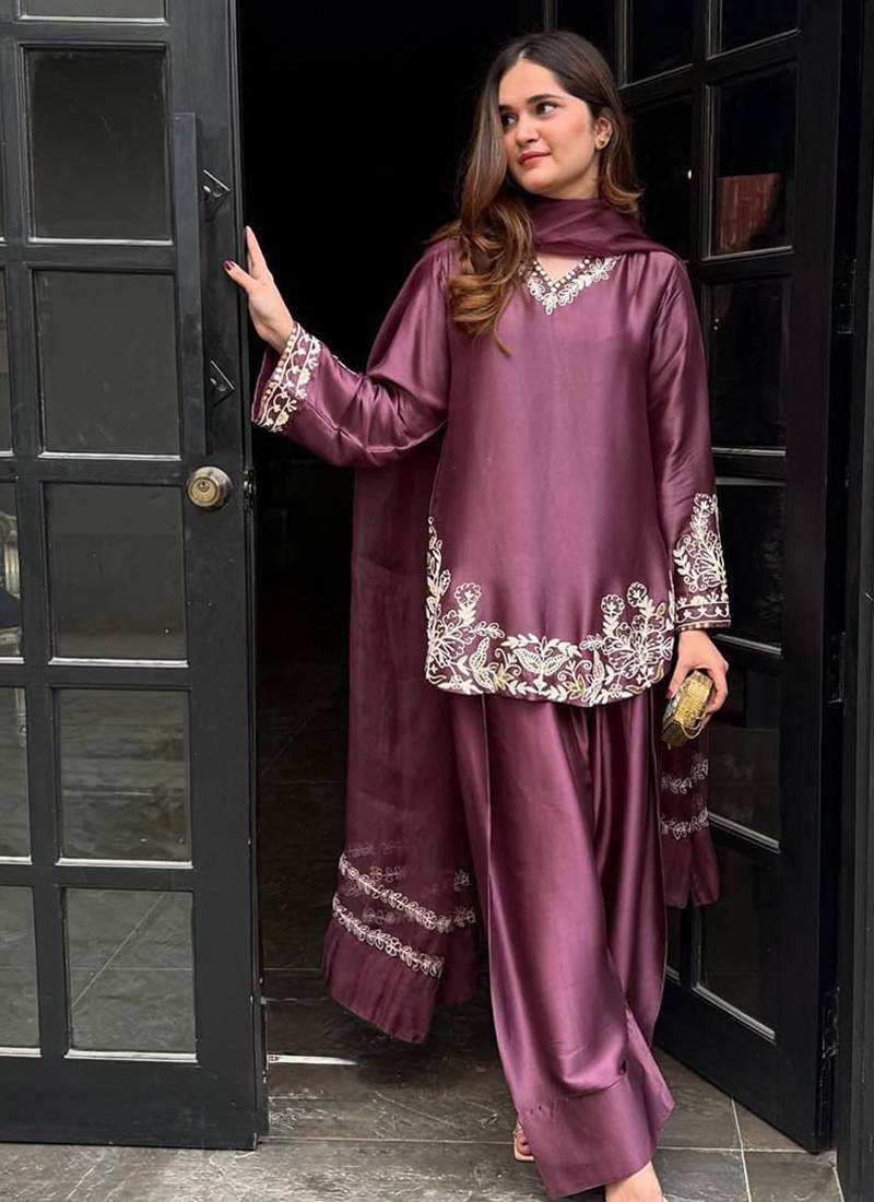 Crepe silk purple tunic set