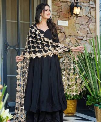 Roman silk black anarkali set with mirror work dupatta 1