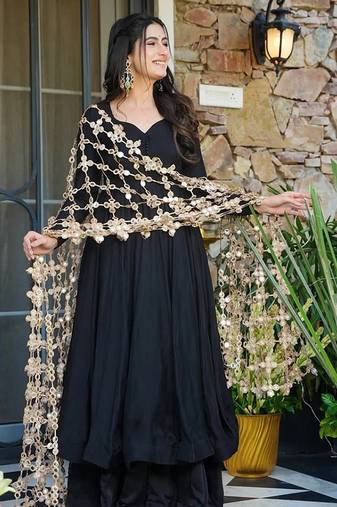 Roman silk black anarkali set with mirror work dupatta