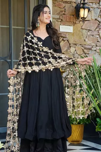 Roman silk black anarkali set with mirror work dupatta