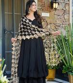 Roman silk black anarkali set with mirror work dupatta