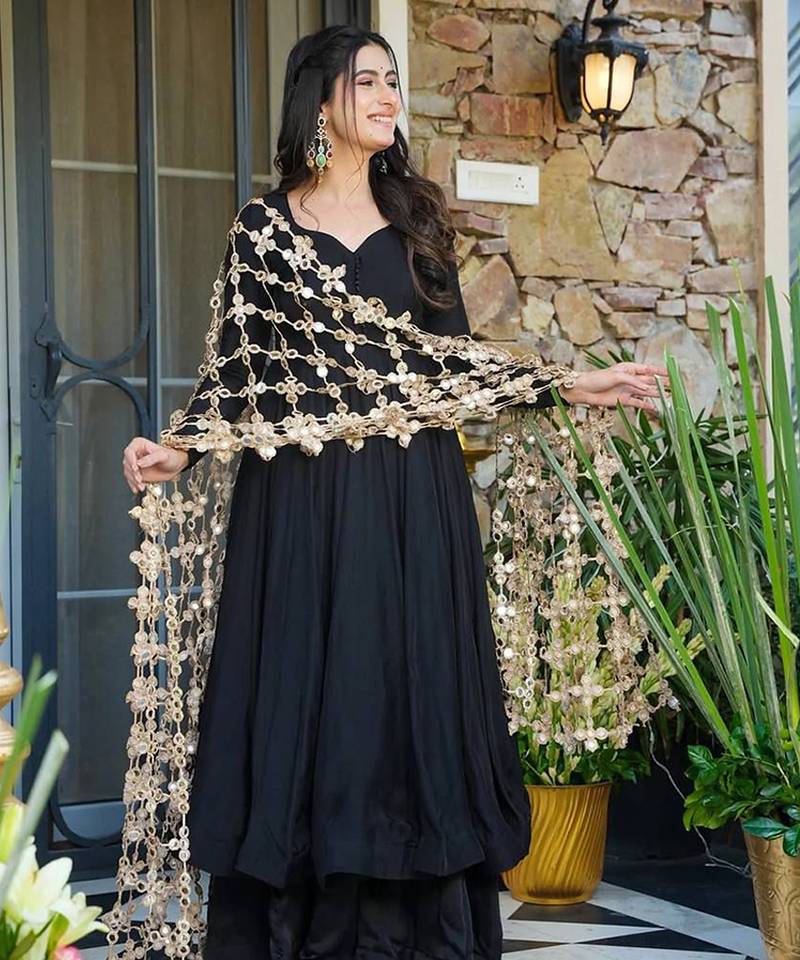 Roman silk black anarkali set with mirror work dupatta