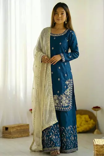 teal blue embroidered palazzo suit