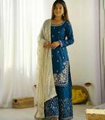 Gmy silk teal blue embroidered palazzo suit