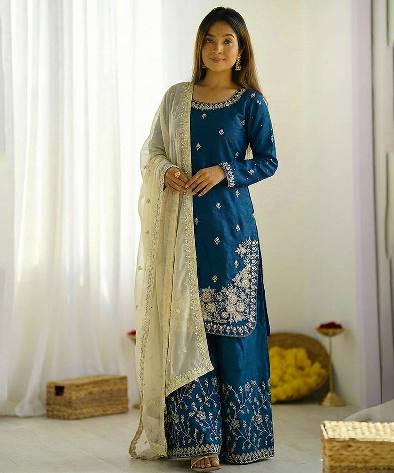 Gmy silk teal blue embroidered palazzo suit