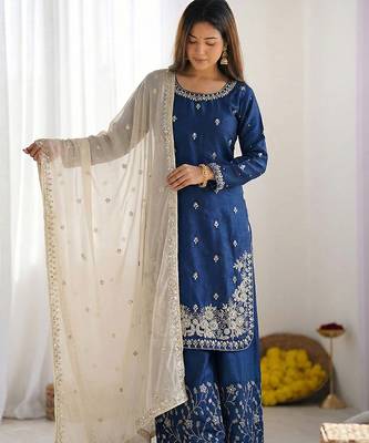 teal blue embroidered palazzo suit 3