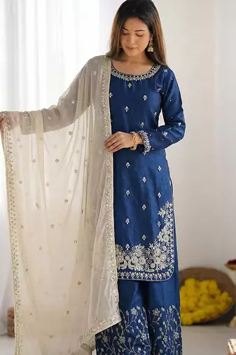 teal blue embroidered palazzo suit