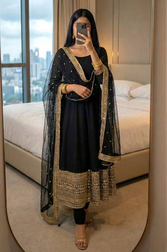 Roman silk black embroidered anarkali set