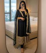 Roman silk black embroidered anarkali set