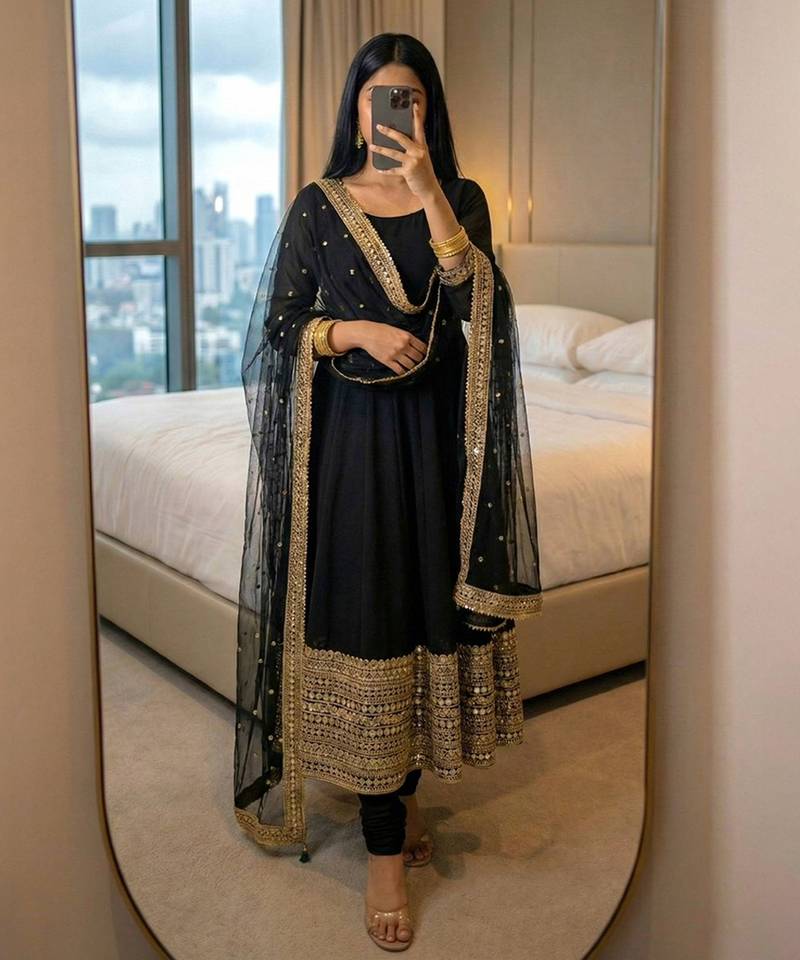 Roman silk black embroidered anarkali set
