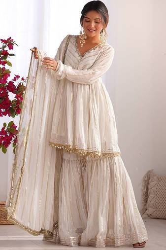 Off white chanderi gold-striped sharara set