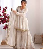 Off white chanderi gold-striped sharara set