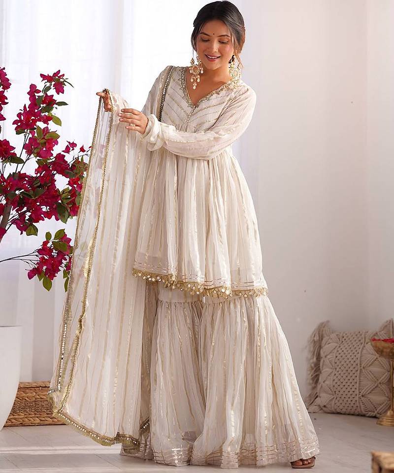Off white chanderi gold-striped sharara set