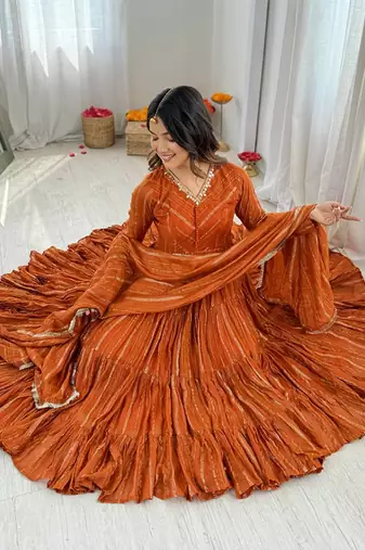 Chanderi orange tiered anarkali set