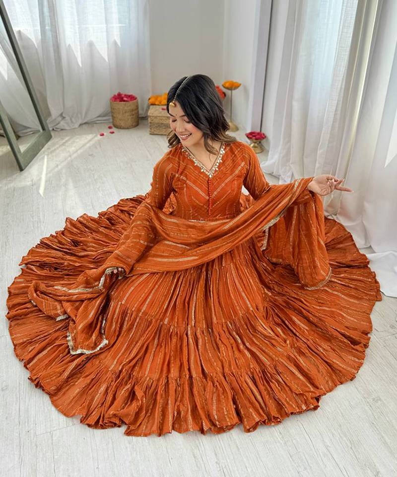 Chanderi orange tiered anarkali set