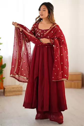 Deep red silk blend anarkali set