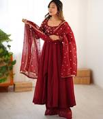 Deep red silk blend anarkali set